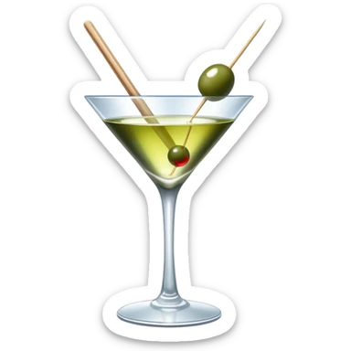 martini glass with crystal clear transparent liquid and an olive at the bottom skewered by a toothpick sticker