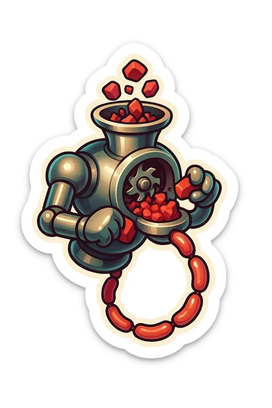 hovering robot. stuffs material into large hole on its top with 2 arms. no head. hole is where a head would be. spinning gears and blades in hole grind red chunks. sausage links come our of hole on backside.  3/4 view. between realism and cartoon. well lit. no dramatic lighting. metallic shiny robot. works diligently. dark humor sticker