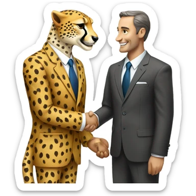 A cheetah in a classic suit shakes hands with a man  sticker