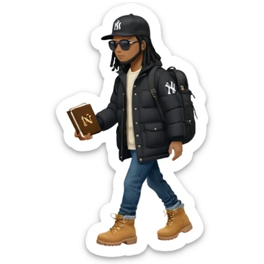 African American man with shoulder length black dreadlocks and black sunglasses wearing a black New York Yankees baseball hat with a North Face brand bubble winter coat with denim skinny jeans and timberland boots walk holding a holy bible in hand sticker