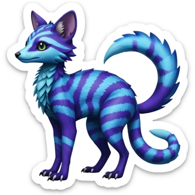 Realistic zig-zag-patterned striking indigo-violet-blue-cyan-gradiented with dark undertones, white underside, thunderous stormy edgy badass realistic Vernid-Sergal-Genet-Trico-species by LiLaiRa, full body sticker