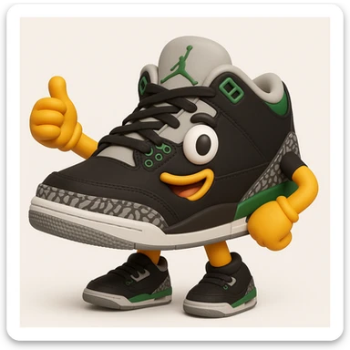 Create a 3D emoji style sneaker based on the provided reference image, adding arms, legs, and a winking facial expression. The style should resemble Microsoft style 3D fluent emojis with a playful and friendly look. sticker