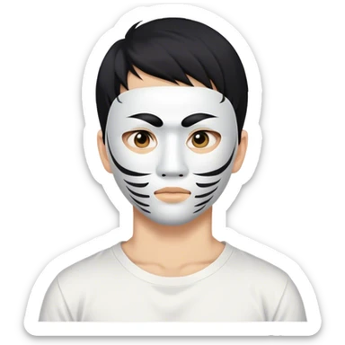 a guy with black hair in a Japanese mask on half his face in a white T-shirt with Japanese characters sticker