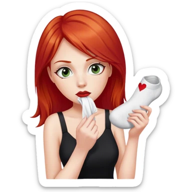 a woman with red hair and red eyes sniffing a white sock. The woman wear a black  dress sticker