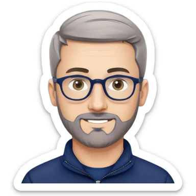 Caucasian man with oval face, hair cut extremely short and tight to head (military style), short beard with gray streaks, large black eyeglasses, cheerful expression, wide body type, navy blue long sleeve sweatshirt with quarter zip sticker