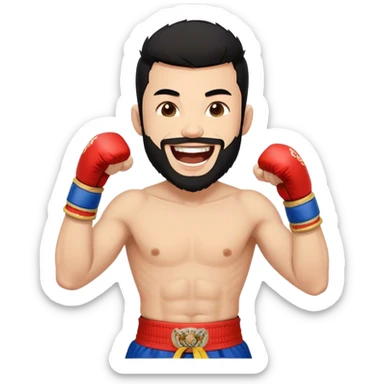 Minimal emoji of a guy, Trimmed beard, medium-length black hair, short sides, hair forward, muay thai fighter laughing sticker
