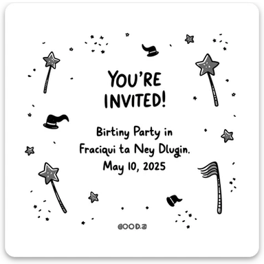 magical themed birthday party invitation illustration with sparkles, wands, whimsical decorations, including the text: 'You're Invited! Birthday Party in San Francisco, May 10, 2025' sticker