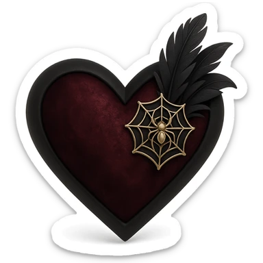 3D black style gothic heart, dark crimson velvet texture, silver spiderweb brooch, black feather accents, moody and rich gothic design sticker