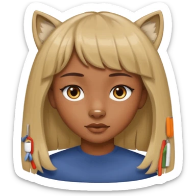 girl with brown eyes and brown hair that's a wolf cut with blonde curtain bangs  sticker