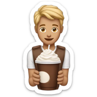 A man with a light skin tone who is holding a chocolate shake with only his left bangs slightly down sticker