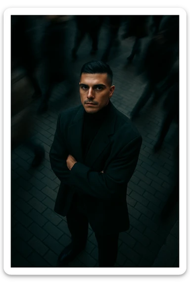overhead shot of me standing still on a brick city sidewalk, wearing a dark oversized blazer,motion-blurred crowd rushes past around me. Moody lighting, 35mm film look, shallow depth of field, sharp focus on me. sticker
