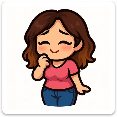 Sticker style chibi emote, matching the attached green heart emote as a base, but with a slightly skinnier body and a bigger chest. Woman from reference, pink t-shirt and blue jeans, shy/blushing, cute shy face, no headband, no wand, no green heart, transparent background. Top color should not match jeans. sticker