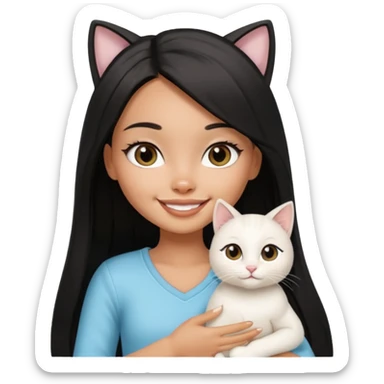 a pretty tan bratz girl with black long straight hair smiling and holding a white cat\ sticker