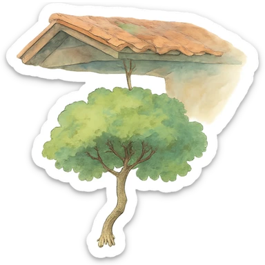 ghibli style illustration of a tree hanging from a roof, soft colors, whimsical sticker