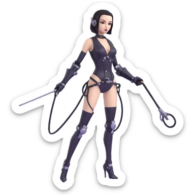 slender sexy female robot emoji, black metal, dominatrix style, holding a whip sticker