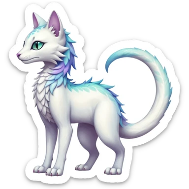 Kawaii white iridescent beautiful pretty elegant divine edgy fantasy feline-vernid-sergal-fursona animal creature with a tufted tail full body with intricate markings  sticker