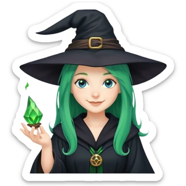 Young Witch in black robe and a witch's hat with green magic in her hand, long green hair and blue eyes smiling sticker