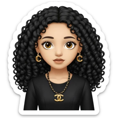 Light skin girl with black very long curly hair, brown eyes, black Chanel dress sticker