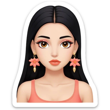 Tez morena, pelo negro largo lacio sin peinado, cejas pronunciadas, ojos grandes color marrones oscuro con pestañas largas, nariz pequeña, labios grandes color coral, rubor coral, top corto negro, orejas pequeñas y pantallas color oro sticker