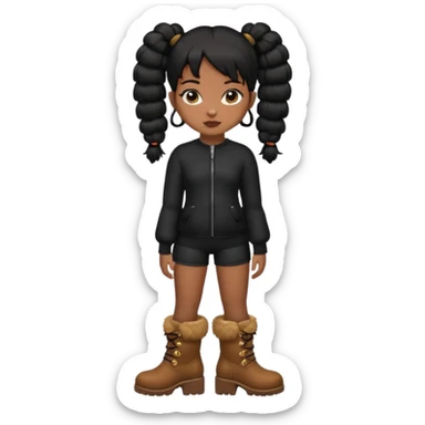 A brown skin girl thats slim and thick body with black hair into two puffy pigtails  and wears all black outfit with brown furry boots  sticker