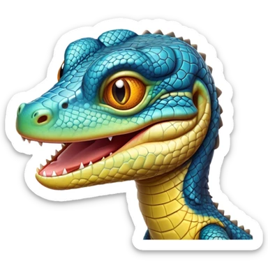 Cinematic Comical Monitor Lizard Portrait Emoji, Head tilted dramatically with an exaggeratedly shocked expression, featuring a robust, patterned body with wide, comically expressive eyes full of humorous disbelief, Simplified yet hilariously expressive features, highly detailed, glowing with a slightly sassy glow, high shine, dramatic yet playful, stylized with an air of quirky reptilian attitude, soft glowing outline, capturing the essence of a meme-worthy monitor lizard that looks ready to side-eye its way into viral fame! sticker