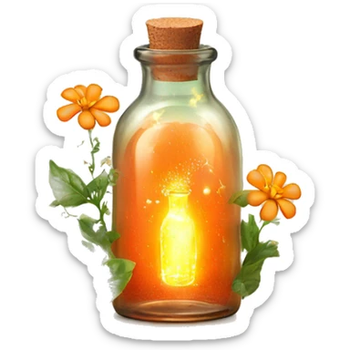 Orange magic fairy light sparkling old Antique bottle with poison and with herbal and flowers sticker