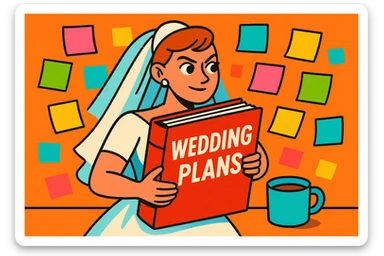 bride with a big binder labeled 'Wedding Plans' surrounded by sticky notes and a cup of coffee, looking determined, vibrant playful style sticker