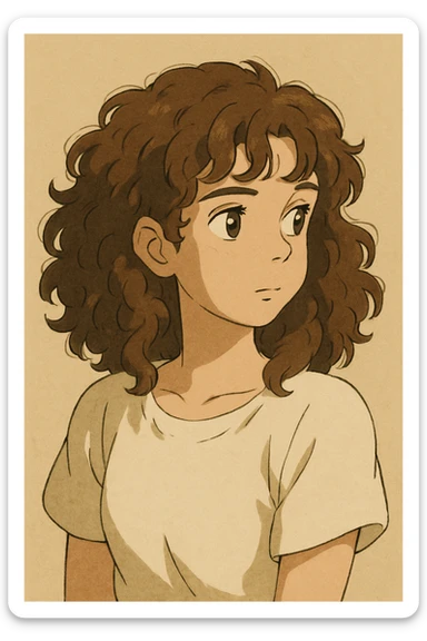 white girl with brown eyes and brown hazelnut curly hair 3b-3c, looking to the side, upper body, plain background, ghibli-inspired style sticker