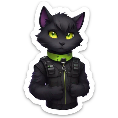 Gorgeous furry gothic dark techwear anime style anthro black cat furry sona Fakemon with blushing face yellow-green eyes aesthetic and pretty edgy black with violet collar and harness trending style sticker