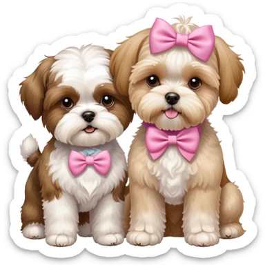 Brown and white Shitese with a pink bow and white/gold wheaten terroir and golden maltipoo playing together  sticker