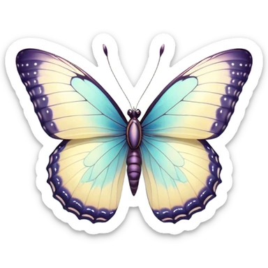 Beautiful and Majestic Butterfly Portrait Emoji, Head and body rendered in serene repose with a gentle, content smile, showcasing a delicately patterned form with softly shimmering wings and eyes peacefully closed in tranquil repose, Simplified yet exquisitely endearing features, highly detailed, glowing with a soft, drowsy pastel light, high shine, relaxed and utterly noble, stylized with an air of timeless natural beauty, soft glowing outline, capturing the essence of a majestic butterfly that embodies the pure enchantment of nature! sticker