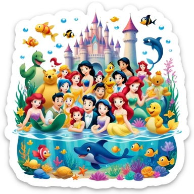 Icon for Animated Characters: A colorful, large-scale collage of beloved cartoon characters, including Franco, Mickey Mouse, Winnie-the-Pooh, Ariel the Little Mermaid, Jasmine and others. Bright and vibrant, full of whimsical charm. Transparent background. sticker