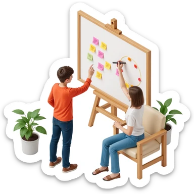 designers collaborating and drawing on a whiteboard with many sticky notes, skeuomorphism style sticker