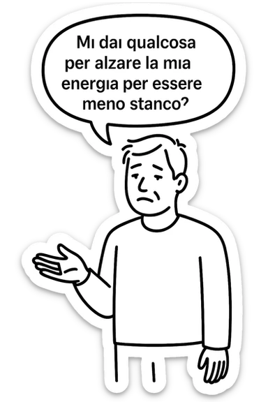 uomo che dice in una nuvoletta "mi dai qualcosa per alzare la mia energia per essere meno stanco?" sticker
