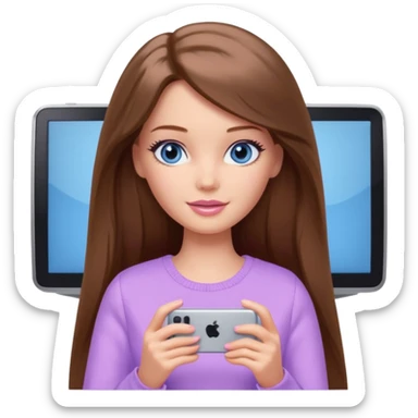 beautiful barbie girl with long brown hair, blue eyes and wearing light purple clothes watching netflix on tv sticker