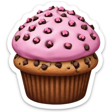 A pink muffin with chocolate chips and chocolate chip cookie topping sticker