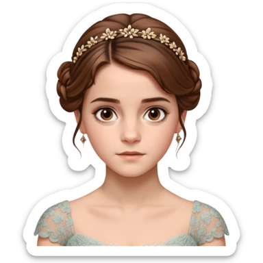 Cinematic Emma Watson Realistic Rococo Portrait, depicted with lifelike skin texture, subtle rosy undertones, and soft natural lighting that enhances the gentle contours of her face. Her intricately detailed brown hair is elegantly styled in an updo, sticker