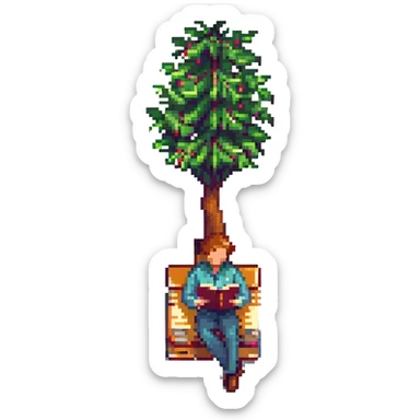 man reading a book under a tree in a park, pixel art style sticker