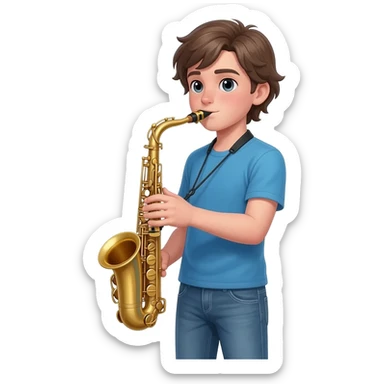 tall white boy with a medium length middle part, playing alto saxophone. the boy is wearing jeans and a blue t shirt. sticker
