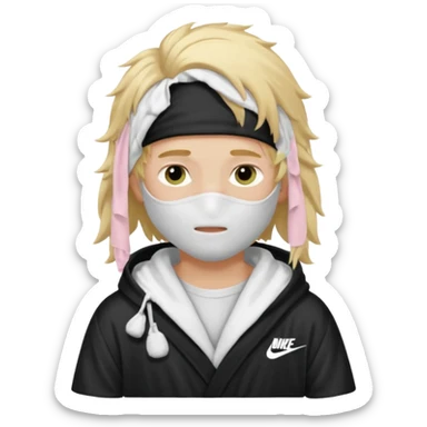 Create a blond boy with long, messy hair, light eyes, a white t-shirt, rich, with long hair, blue eyes, medium-length, voluminous hair, wearing a black Nike bathrobe and a little blush near his nose. and with a balaclava sticker