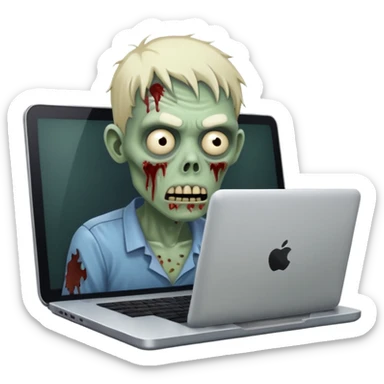 A tired zombie behind a laptop sticker