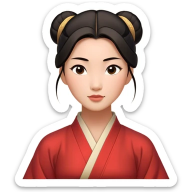 Cinematic Timeless Mulan Portrait Emoji, rendered in a clean vector style. Depict Mulan with warm, light-toned skin, neatly styled dark hair in a traditional bun, and a serene, confident expression, dressed in a simple traditional robe with minimal decoration. The image is highlighted by a soft, inviting glow and a subtle glowing outline, capturing enduring beauty and quiet strength. sticker