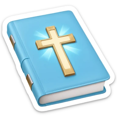 a emoji pastel baby blue bible with a silver cross glowing  sticker