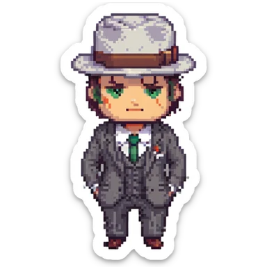 gangster character, pixel art style, classic mobster look, hat, suit, stern expression sticker