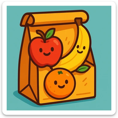 cartoon style lunch bag with fruit inside, bright colors, smiling fruit, simple background sticker