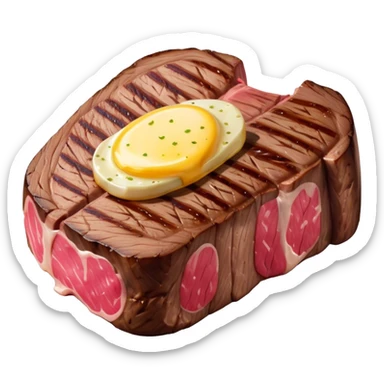 Cinematic thick-cut steak, perfectly seared with grill marks, a juicy pink center, butter melting on top, rich and savory, warm glow, sizzling and mouthwatering, highly detailed and appetizing. sticker