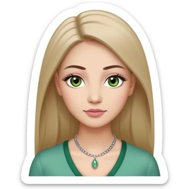 Adult woman avatar, light skin tone, oval face, long straight ash-brown hair, green almond-shaped eyes with dramatic eyelashes and minimal eyeliner, neutral mouth, medium straight eyebrows, small nose, natural pink lips, smooth skin with light natural blush sticker