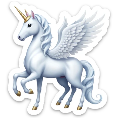 All white Cinematic Noble Unicorn with wings, slender with a flowing mane and tail and spiraled horn sticker