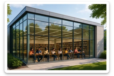a modern library building, glass facade, people reading inside sticker