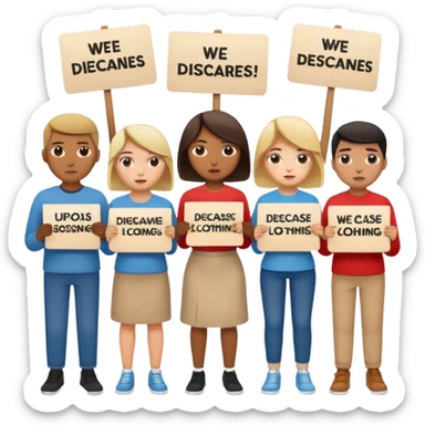 a crowd of people with unhappy faces and holding placards with the inscription: we disagree sticker